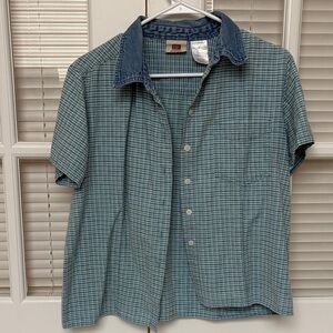 Faded Glory Men's Teal Plaid Shirt with Denim Collar